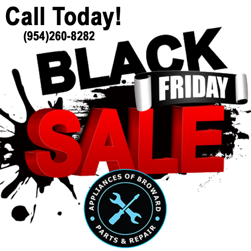 Black Friday sale announcement for Appliances of Broward featuring bold text, contact information, and logo emphasizing appliance repair services.
