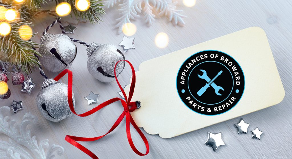 Appliances of Broward logo tag on a festive background with silver bells and holiday decorations, symbolizing appliance repair and parts services during the holiday sale.