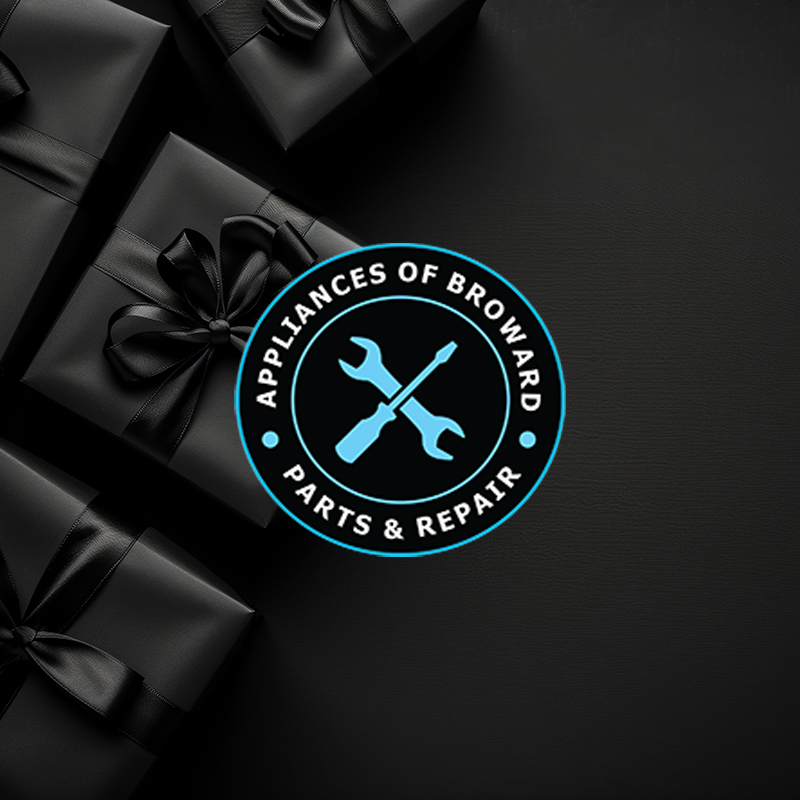 Black gift boxes with ribbons featuring the Appliances of Broward logo, promoting holiday sales for appliance repair services in Broward County.