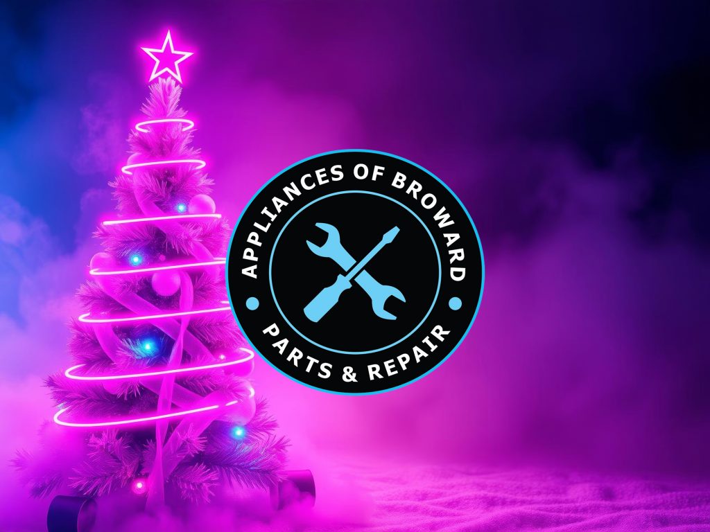 Christmas tree with colorful lights and star, featuring "Appliances of Broward Parts & Repair" logo, promoting holiday appliance repair sales in Broward County.