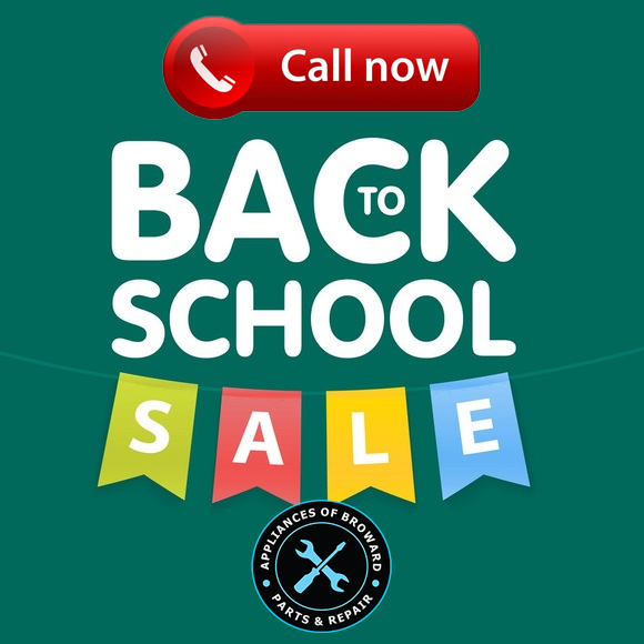 Call to action button with "Call now," vibrant "BACK TO SCHOOL SALE" text, and colorful banners highlighting the promotion for Appliances of Broward's appliance repair services.