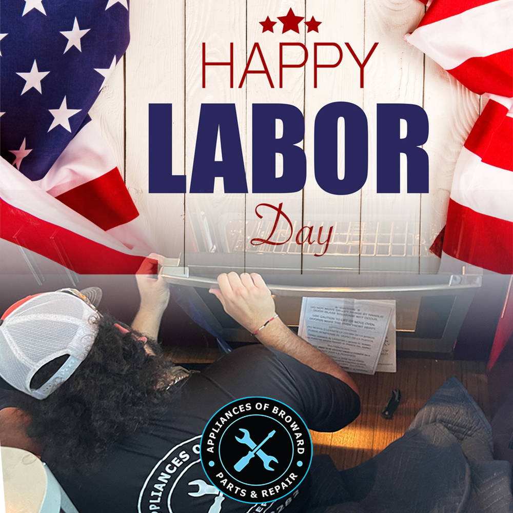 Labor Day celebration with technician from Appliances of Broward repairing a marine appliance, American flag background, festive text "HAPPY LABOR DAY".